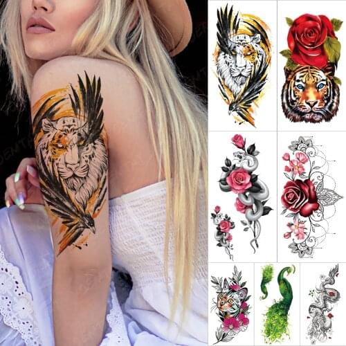 Waterproof Temporary Tattoo Sticker Eagle Tiger Feather Tatto Arm Rose Snake Flower Body Art Arm Fake Sleeve Tatoo Women Men
