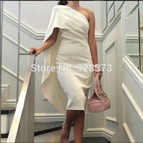 YNQNFS MD122 Spandex Silk-like Satin Elegant One Shoulder Short Mother of the Bride/Groom Dresses With Cape Sleeves Outfits 2019