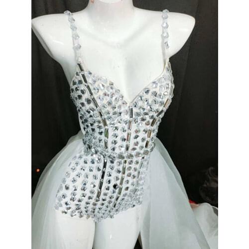 Sparkling Rhinestones Women Bodysuits Pole Dancing White Net Yarn Sleevelesss Jumpsuits Nightclub Singer Stage Show Costumes