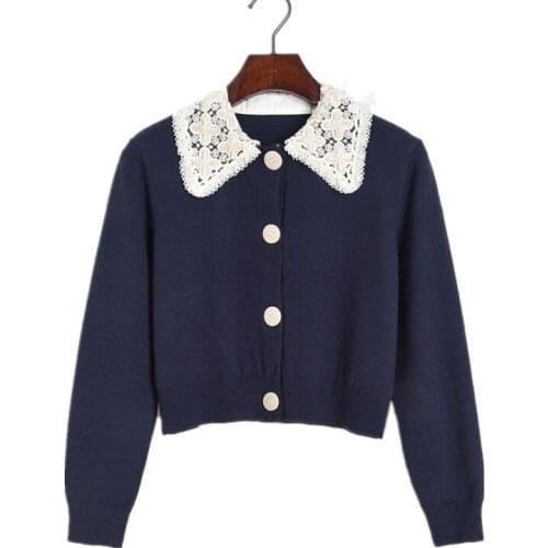 Fall 2020 Runway Cardigan Sweater Crop Cute Cardigan White Lace Beaded Lapel Collar Navy Women Cardigan Crop Top Sweater Coat