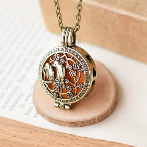 Vintage Bronze Color Metal Chain Pendant Hollow Flower Bird Essential Oil Aromatherapy loket Necklace For Women Girls Ladys Gift