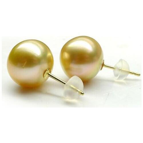 11.8mm Natural Golden Real South Sea Pearl Stud Earrings 18K Solid Yellow Gold