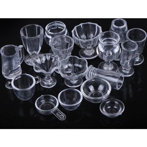 17Pcs/Set 1:12 Dollhouse Mini Transparent DIY Pretend Play Kitchenware Toy Drink Cups Dish Tableware Miniatures