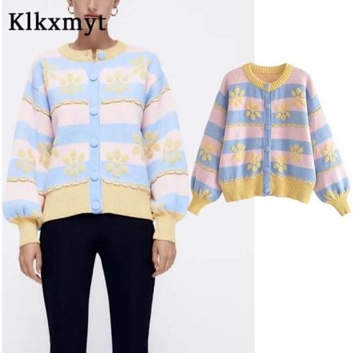 Klkxmyt Za Woman Cardigan Sweater 2021 Fashion Jacquard Knitted Sweater Women Cardigan Vintage Long Sleeve Female Coat Tops