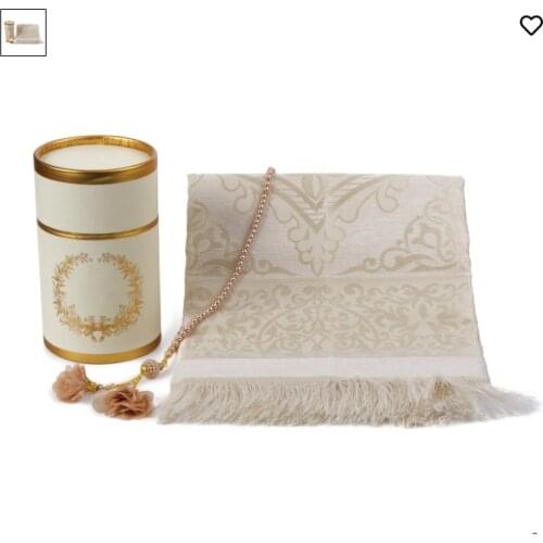 Dolmabahe Prayer Rug & Rosary Set Kaaba Set Content: taffeta Prayer Rug and 99 Design Tulle Rose Rosary in a Cylinder Box