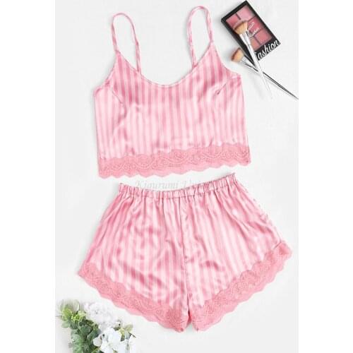 Women Summer Camisole Shorts Pajama Sets Female Sexy Lace Silk Sleevless Crop Vest+Elastic Waist Pants Sleepwear 2pcs Home Wear