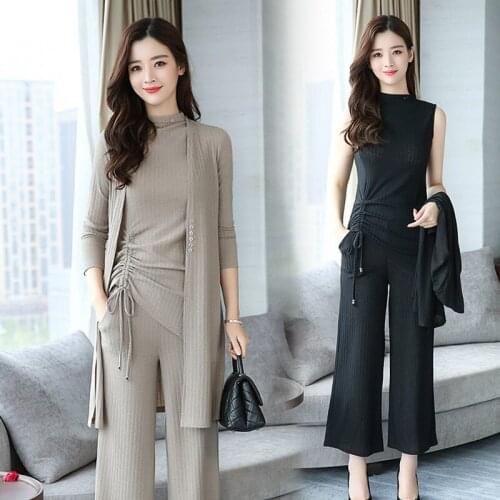 Set Female 2021 Autumn New Fashion Knit Sleeveless Bottoming Shirt + Long Coat + Casual Elegant Wide Leg Nine Pants Three Sets