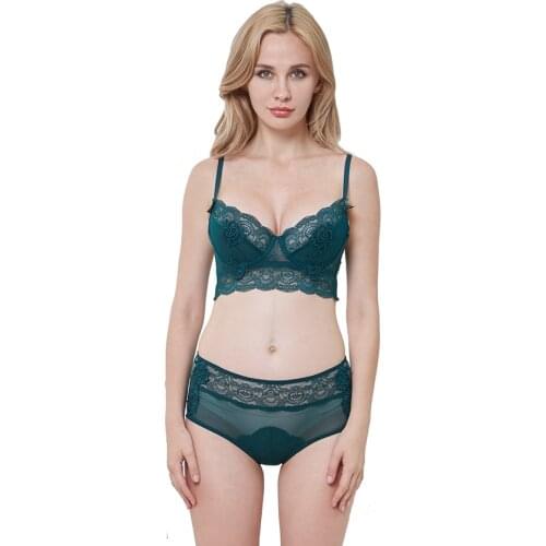 Flower Embroidery Unlined Transparent Lace Bra and High Waist Panties Set Underwear Women Underwire Push Up Bra Lingerie