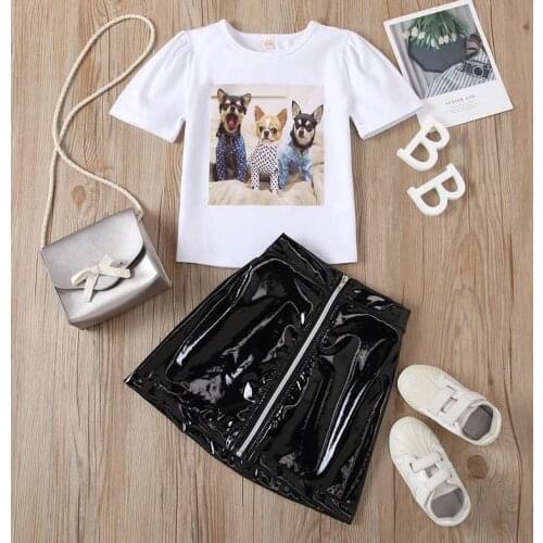 Girl’s Skirt Two Piece Suit Fashion Dog Printed Round Neck Short Sleeve Tops and Leather Short Skirt
