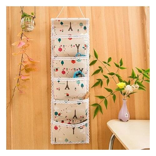Wall Hanging Bag 5 Pocket Linen Cotton Storage Organizer for Sundries Bra Socks Back Door Organizer Hanging Bag