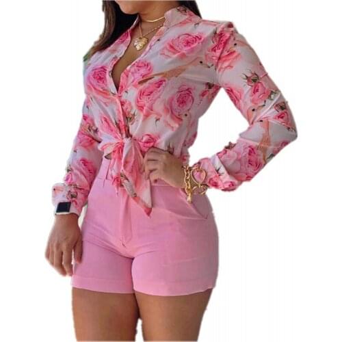 New Womens Lightweight Long-Sleeved Shirt And Digital Print Stand-Up Collar Style Single Breasted Shirt And Shorts Suit