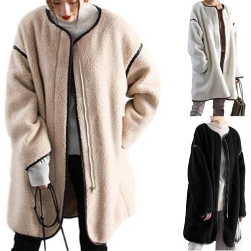Autumn and Winter Womens Coat Solid Stitching Long-sleeved Round Collar Zipper Plush Jacket