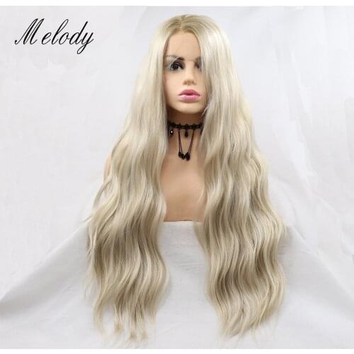 Melody Long Blonde Wavy Wig with Brown Root Synthetic Lace Front Wigs Side Part Long Soft Wavy Wig Hair Replacement for Women