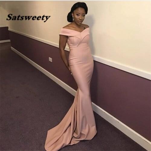 Blush Pink Bridesmaid Dresses With Zipper Back African Off The Shoulder Floor Length Mermaid Satin Wedding Party Prom Dresses