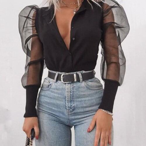 Stylish Women Solid Color See Through Mesh Long Puff Sleeve Buttons Down Shirt Basic Lady Autumn Sexy Nightclub Ladies shirts