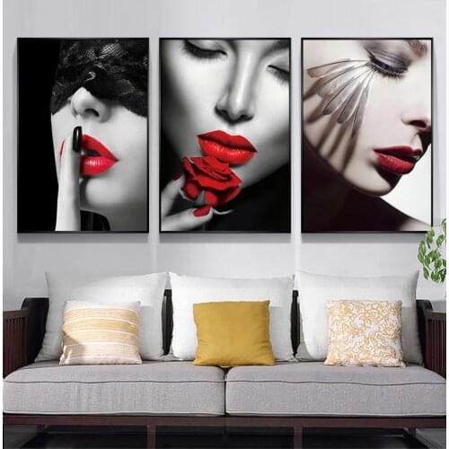 Modern Fashion Sexy Red Lips Canvas Painting Smoking Women Poster and Prints Wall Art Picture Home Living Room Bar Decor Cuadros