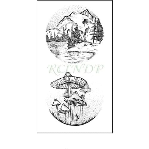 Waterproof Temporary Tattoo Stickers Mountain Forest Mushroom Round Flash Tatoo Fake Tatto Hand Arm Neck Body Art for Woman Men