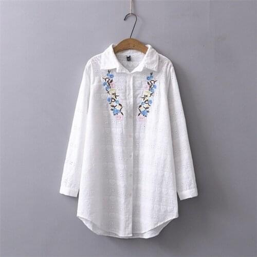 Plus Size XL-4XL Womens Floral Embroidery Long Blouse Long Sleeve Casual Spring Summer Blouses