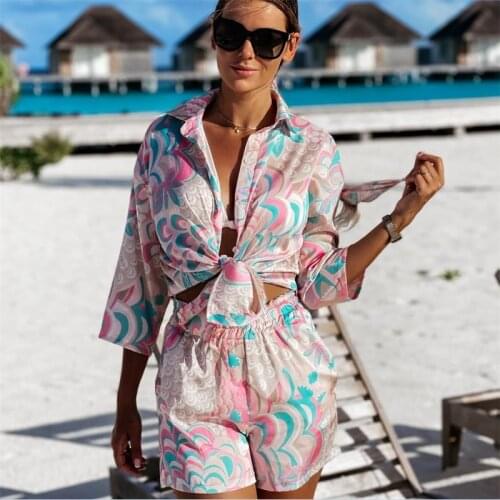 FUFUCAILLM 2pcs Beach Styles Satin Sets Women Fashion Scenery Pattern Button-down Shirts and Shorts 2021 New Summer Casual Sets