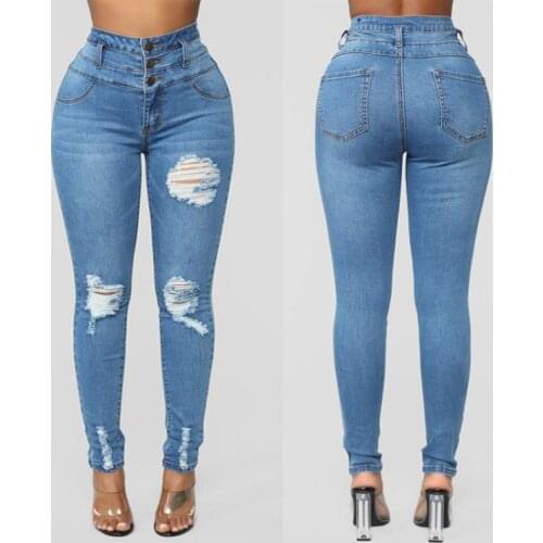 Women Ripped Jeans Sexy Front Button Stretch High Waist Distressed Jeans Woman Skinny Push Up Denim Pencil Pants
