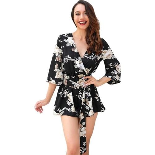 Summer Europe And America WOMENS Half-sleeve Shirt V-neck Loose-Fit Onesie Shorts One-piece Jumpsuit Streetwear