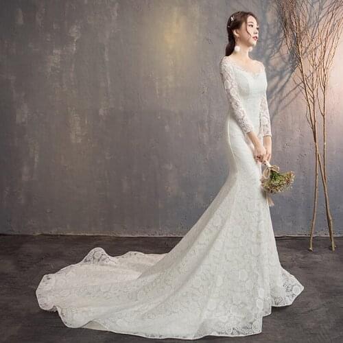 Short trailing top fish tail royal Lace bride dress hot Bridal Wedding Gown V neck Long Sleeves Cheap Mermaid Wedding Dress