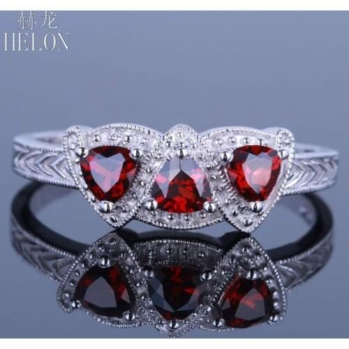 HELON Solid 10K White Gold Trillion Cut 4mm Genuine Natural Garnet Engagement Wedding Ring Women Vintage Art Deco Fine Jewelry