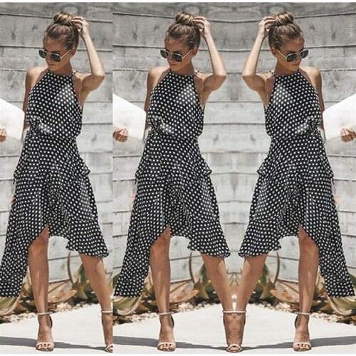 Vintage Women Polka Dot Dresses Summer Ruffles Halter Irregular Lace Up Dress Sleeveless Dresses For Female Vestidos