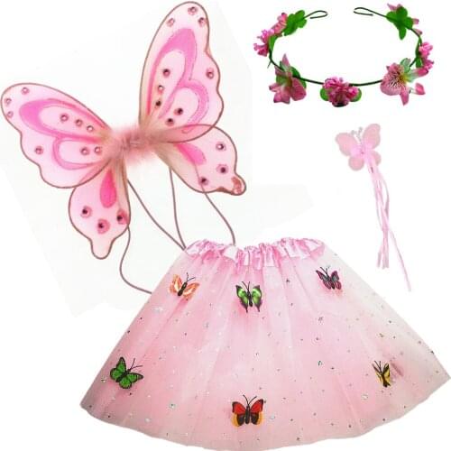 10pack Pink Girl Butterfly Fairy Wing Skirt Magic Rods Wands Flower Wreath Princess Costume Dress Up Birthday Party Halloween