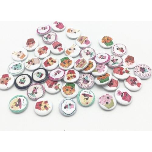 100pcs/lot 15mm Mixed Cake Patterns Painted Wooden Buttons Sewing Round Accessories Embellishments Cardmaking