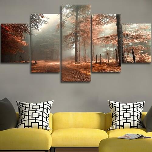 No Framed 5Pcs Autumn Forest Lake View Wall Art Canvas Posters Pictures Paintings Home Decor Accessories Living Room Decoration