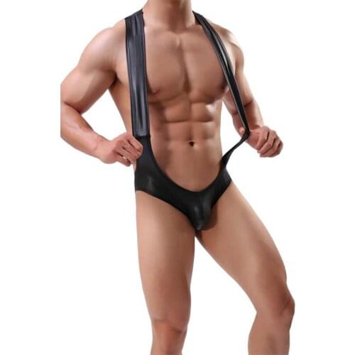 Men Jockstrap Bodysuit Wrestling Singlet Faux Leather Lingerie Open Butt Jumpsuit Suspender Bodywear