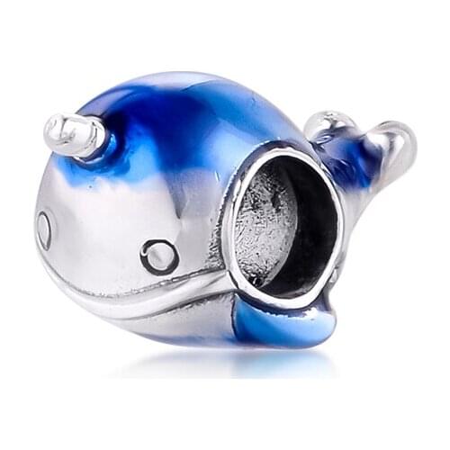 Fit Pandora Bracelet DIY Beads S925 Silver Blue Enamel Shimmering Narwhal Charm For Women Jewelry Gift 021238