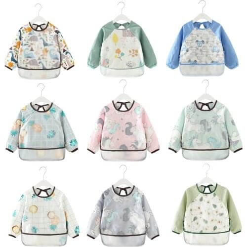 Child Apron Smock Baby Aprons Bibs Waterproof Long Sleeve Cute Car Fruit Boys Girls Bibs Kids Feeding Bib with Pocket Dinosaur