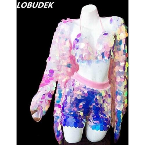 Customized Lady Costume Pink-Purple Sequins Bra Shorts Loose Coat Set 3 Piece Sexy Nightclub DJ Singer Dancer Stage Dance Outfit