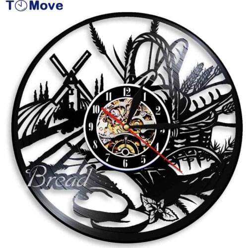Pastry Vinyl Record Wall Clock Bread Wheat Wall Art Wall Clock Battery Operated 12 Inch Non Ticking Kitchen Decorative Gift