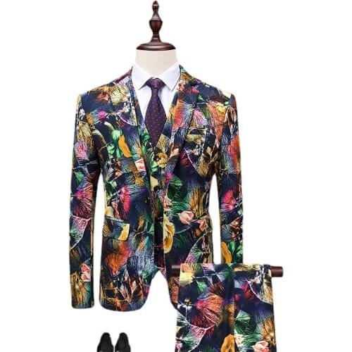2021Suit three-piece suit (coat + trousers + vest) mens fashion printed casual suit mens host performance gown nightclub