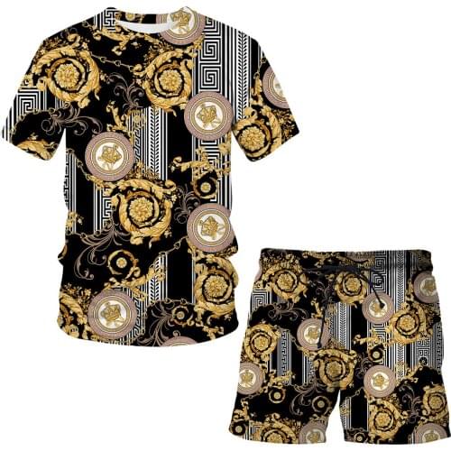 Summer 2021 new Luxury 3D print suit pattern T shirt short sleeve + casual shorts Men / Women Streetwear Crown clothing Tops