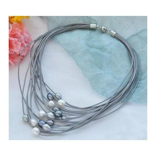 Leather Pearl Jewellery,15 Strands 10-13mm White Black Gray Freshwater Pearl Leather Necklace,17-20inches Magnet Clasp
