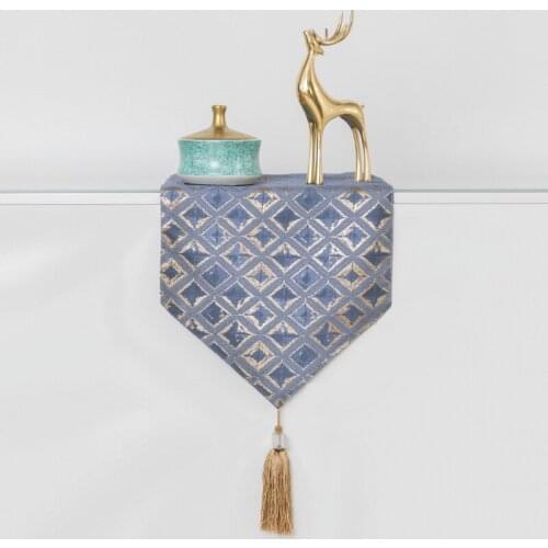 Light Luxury Blue Grid Table Runner Jacquard European Tassels Table Covers Dining Table Restaurant Party Decoration Table Cloth