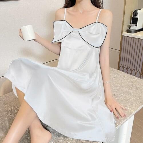 Summer Ice Silk Sexy Thin Sling Nightgowns Cute Bow Princess Solid Sleeveless Women Pajama Skirt Spaghetti Strap Night Dress
