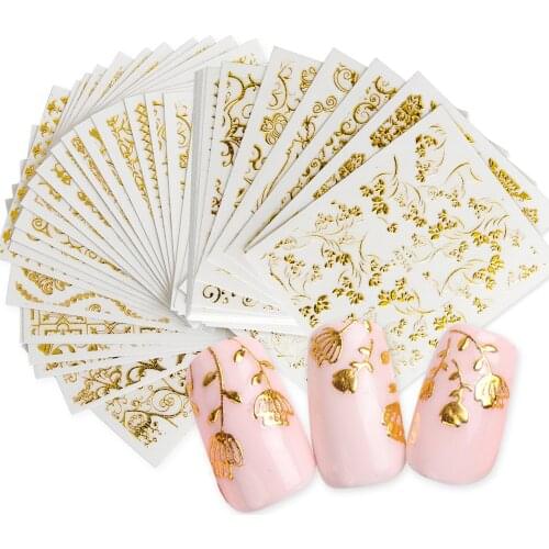 20PCS Gold 3D Nail Sticker Sets Golden Flower Bronzing Decals Mixed Design Manicure DIY Adhesive Tips Transfer Art Hollow Foils