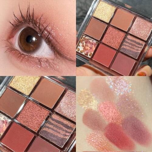Brown Eyeshadow Palette 9 Colors Matte Eyeshadow Diamond Highlight Palette Glitter Eye Shadow Makeup Waterproof Long-lasting