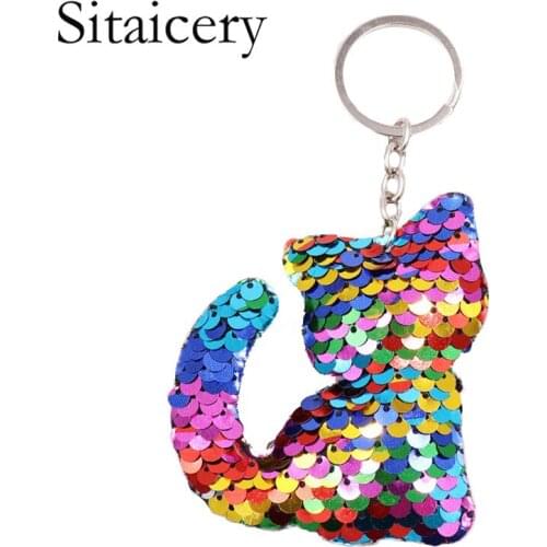 Sitaicery Sequins Trinket Cat Keychain Cute Star Dinosaur Drive Safe Key Chain Pompons Keyring Woman Bag Womens Accessories