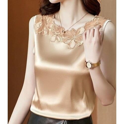 Oversized Solid Satin Women Tank Tops Lace Embroidery Slim Elegant Office Lady Pulls Tops Tees T-Shirts