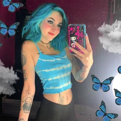 2020 New Women Sexy Thin Straps Camisole Top Tie-dye Blue Fungus Flounce Hem Crop Tank Tops Summer Casual Fashion Outfits Tanks