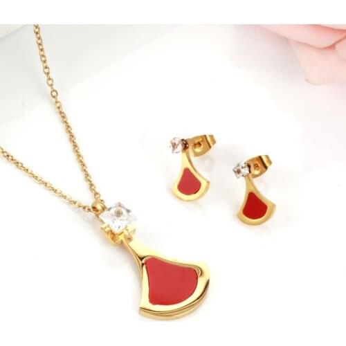 Geometry Necklace And Earrings Set Stainless Steel Jewelry For Women Crystal Triangle Red Fashion Jewellery 2021 New Girl Gift