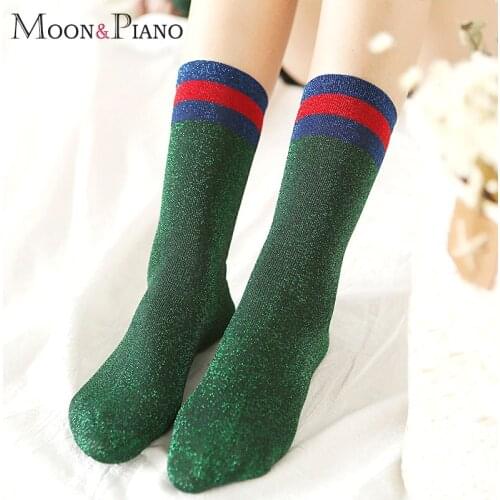 Spring And Autumn Thin Section Fashion Boots Japanese Gold And Silver Wire Parallel Bars Stripes Novelty Flash Tube Socks Ladies