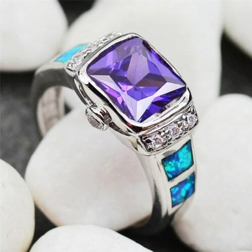 SHUNXUNZE luxury Wedding rings Jewelry & Accessories for women Purple Cubic Zirconia and Blue opal Rhodium Plated R347 size 6 7