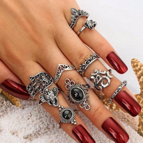 9PCS Boho Style Black Stone Midi Finger Rings For Women Vintage Silver Color Animal Shaped Knuckle Rings